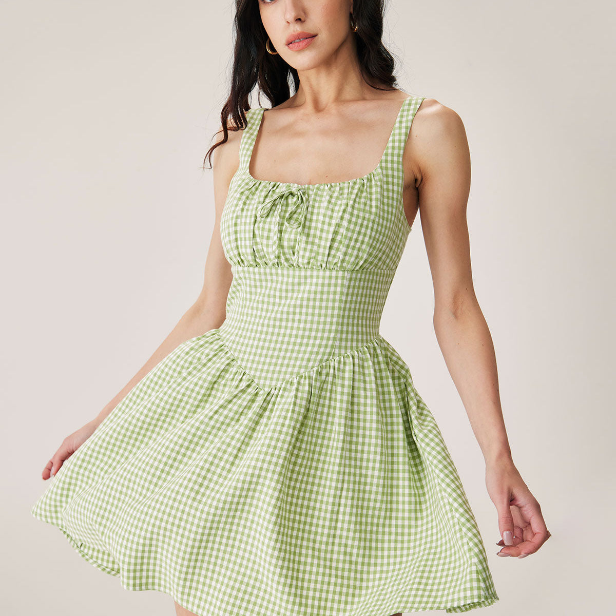 Shewess™ Yeşil Ekose Dantelli Slip Mini Elbise