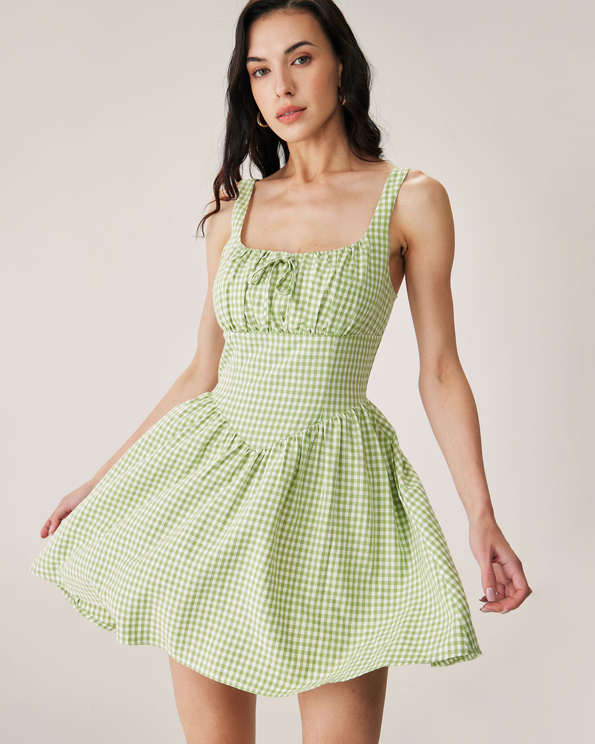 Shewess™ Yeşil Ekose Dantelli Slip Mini Elbise