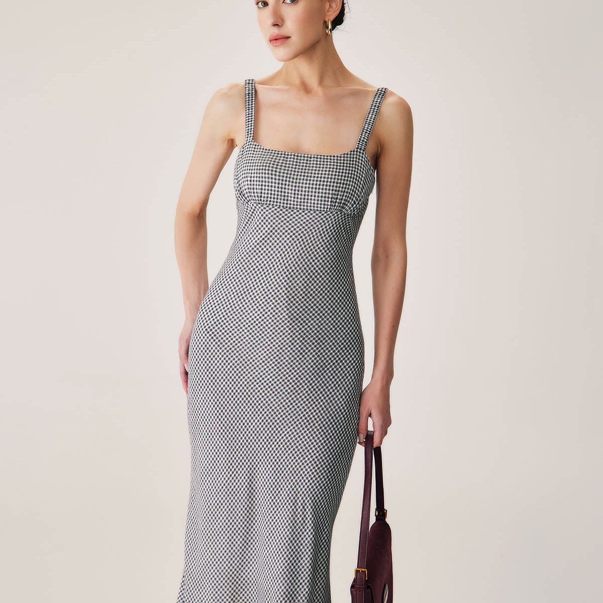 Shewess™ Siyah Ekose Dantelli Slip Midi Elbise