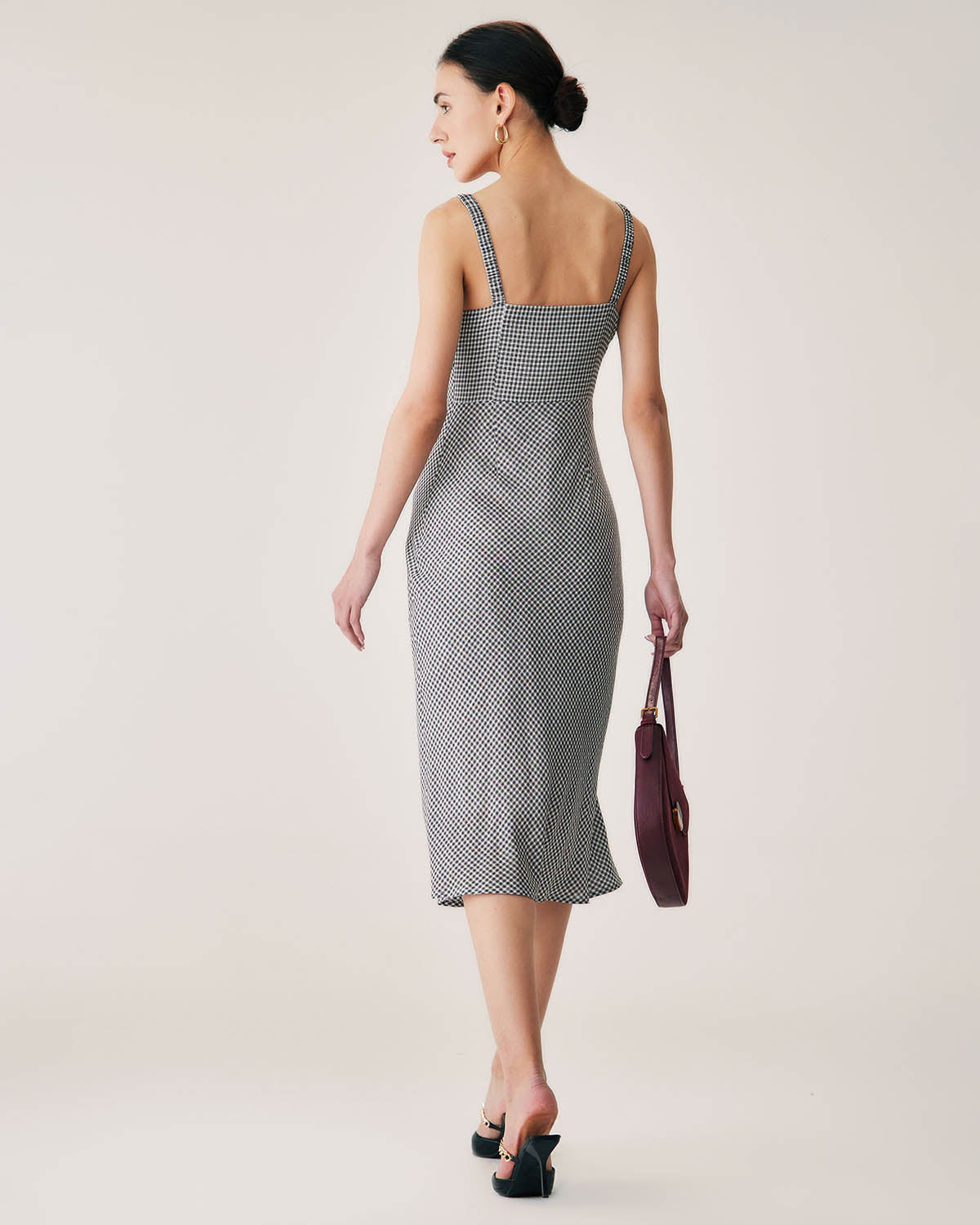Shewess™ Siyah Ekose Dantelli Slip Midi Elbise