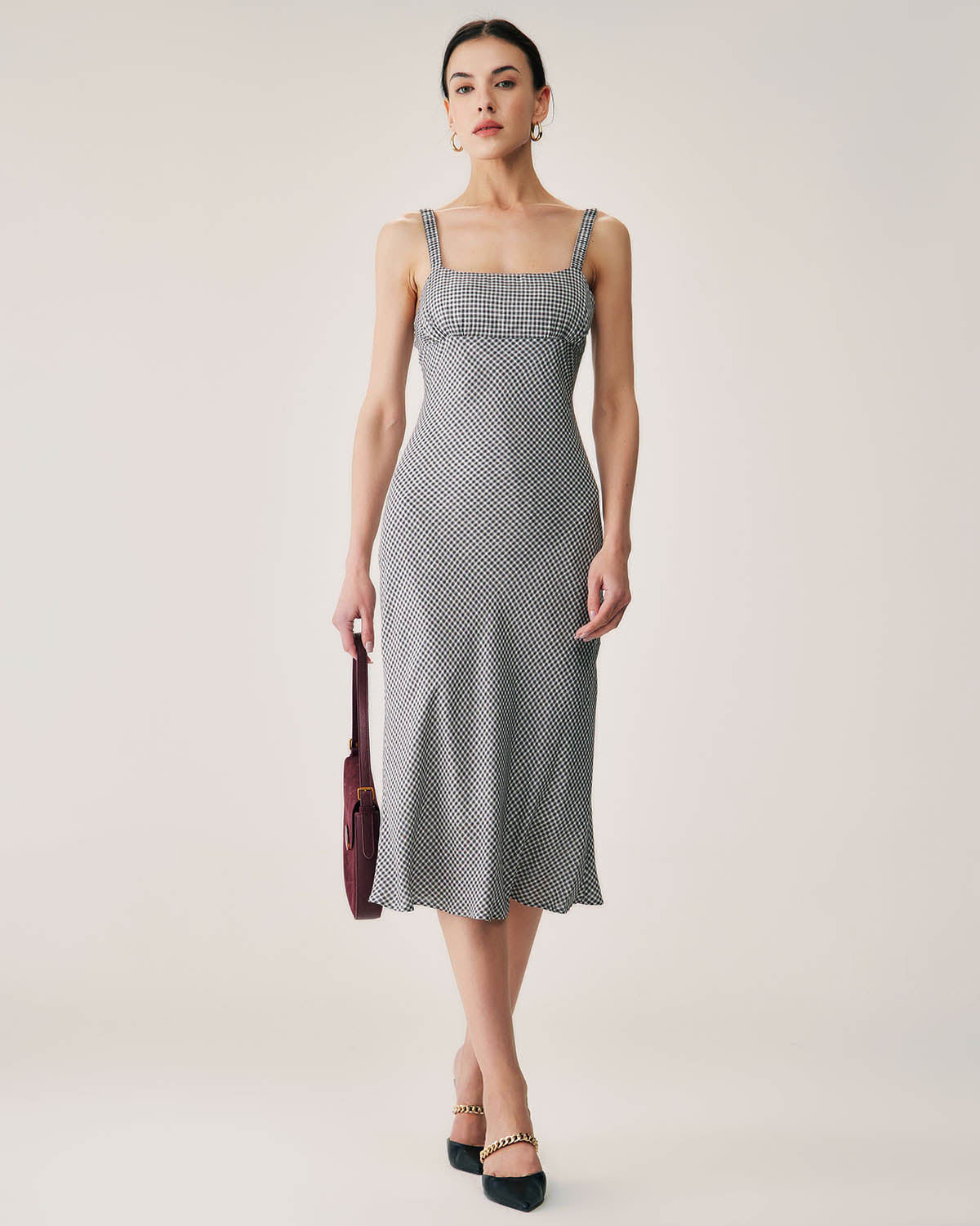 Shewess™ Siyah Ekose Dantelli Slip Midi Elbise
