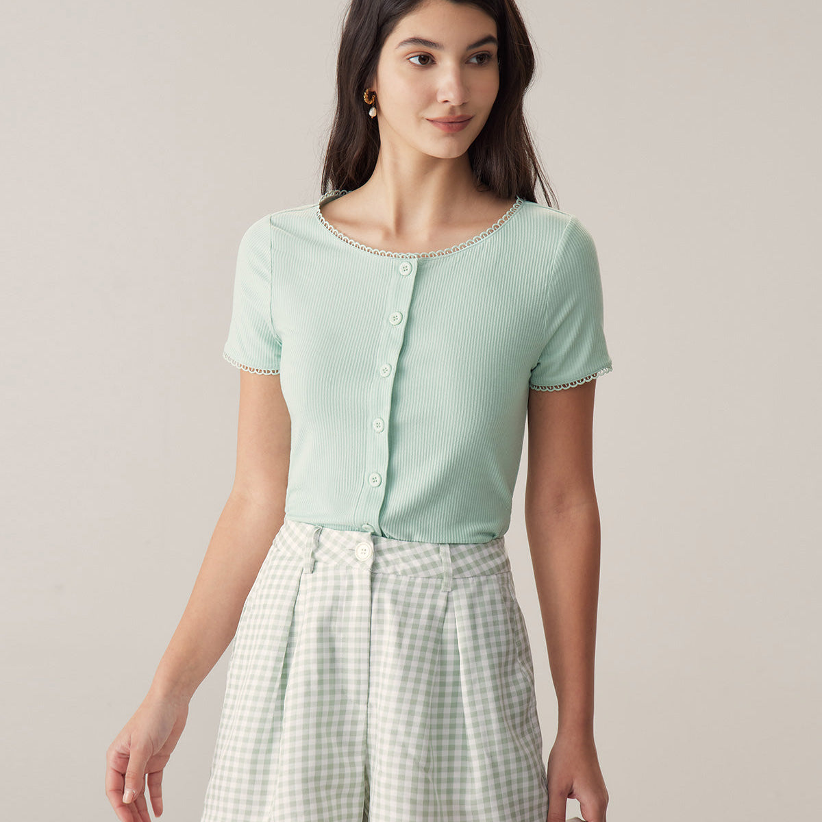 Shewess™ Yeşil Yuvarlak Yaka Düğmeli Slim Tee