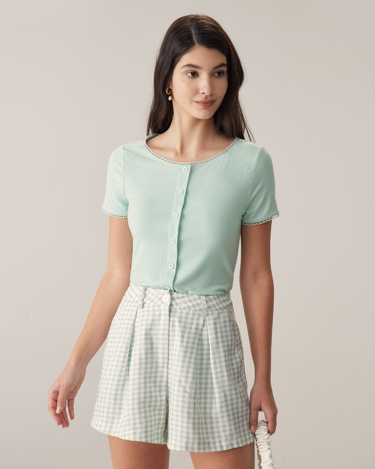 Shewess™ Yeşil Yuvarlak Yaka Düğmeli Slim Tee