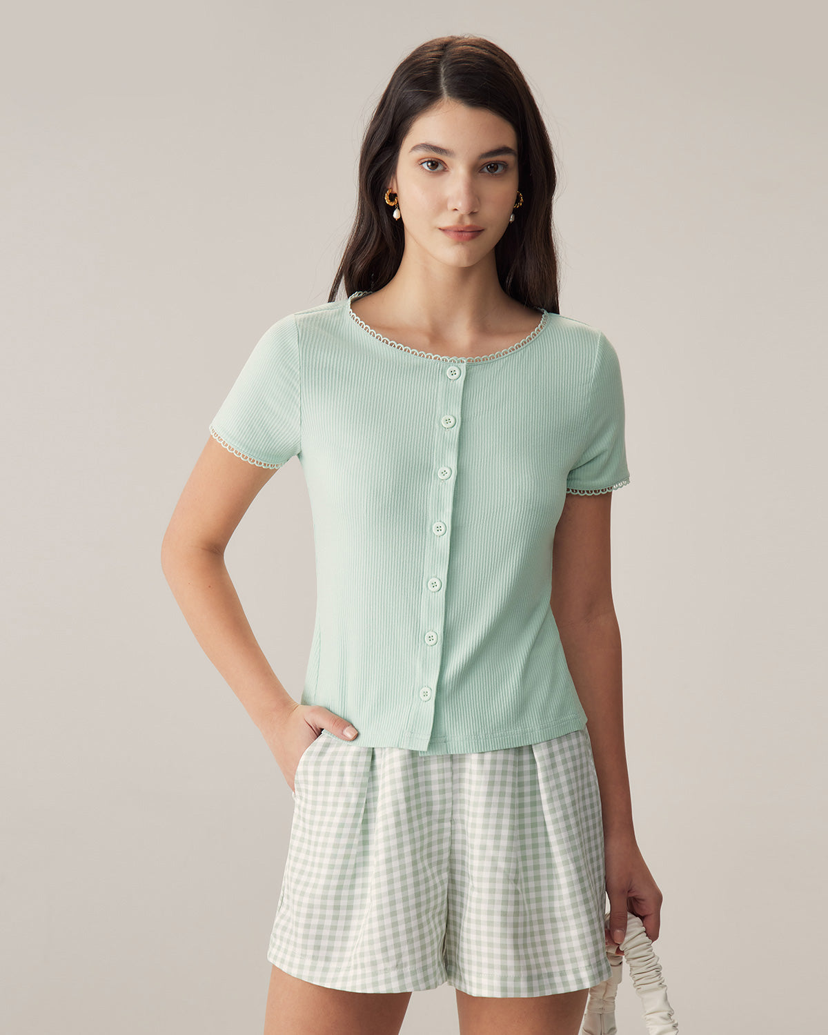 Shewess™ Yeşil Yuvarlak Yaka Düğmeli Slim Tee