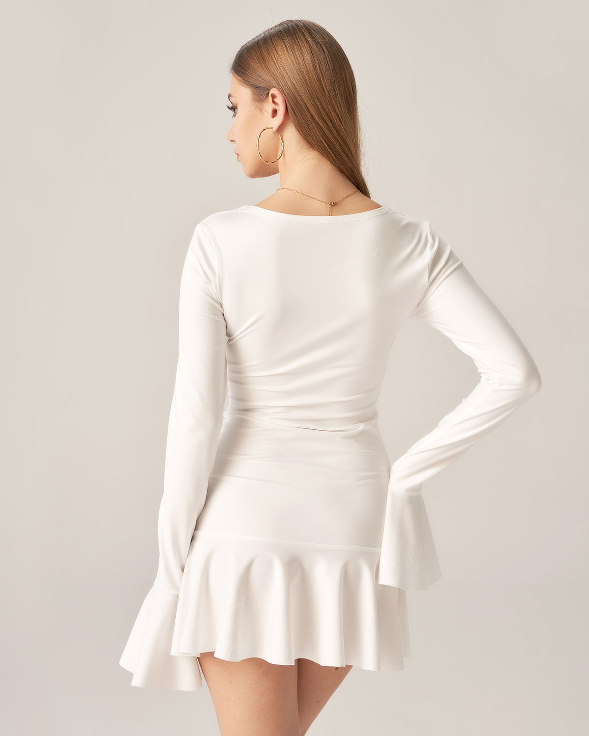 Shewess™ Bettydress-Beyaz Fırfırlı Büküm Mini Elbise