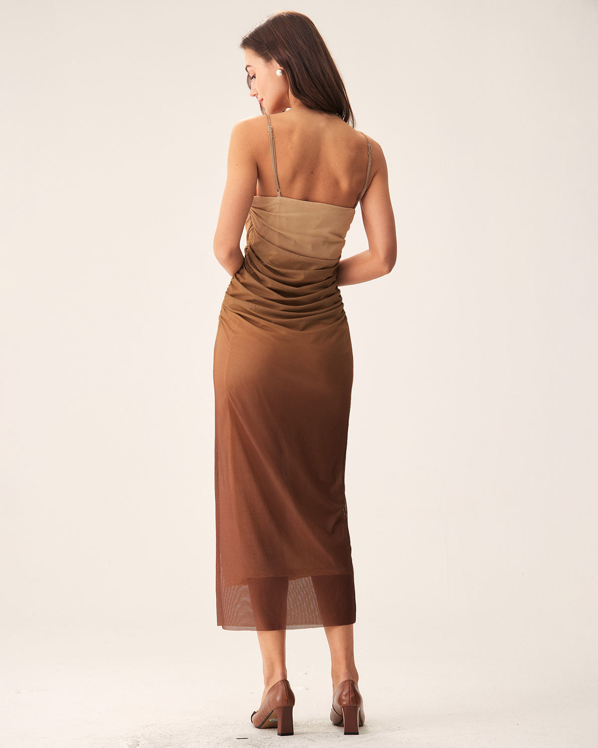 Shewess Kahverengi Dantelli File Slip Midi Elbise