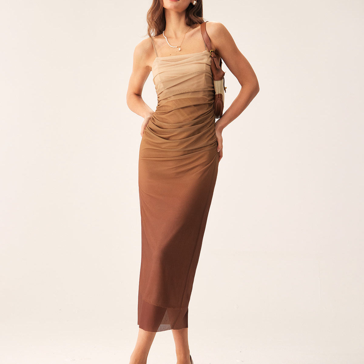 Shewess Kahverengi Dantelli File Slip Midi Elbise
