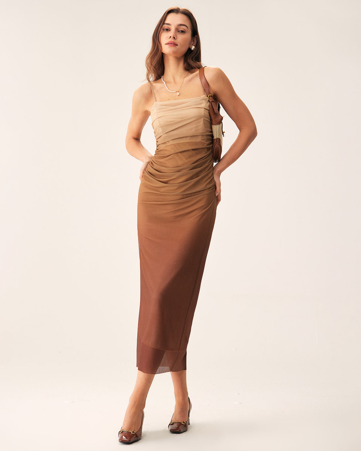 Shewess Kahverengi Dantelli File Slip Midi Elbise