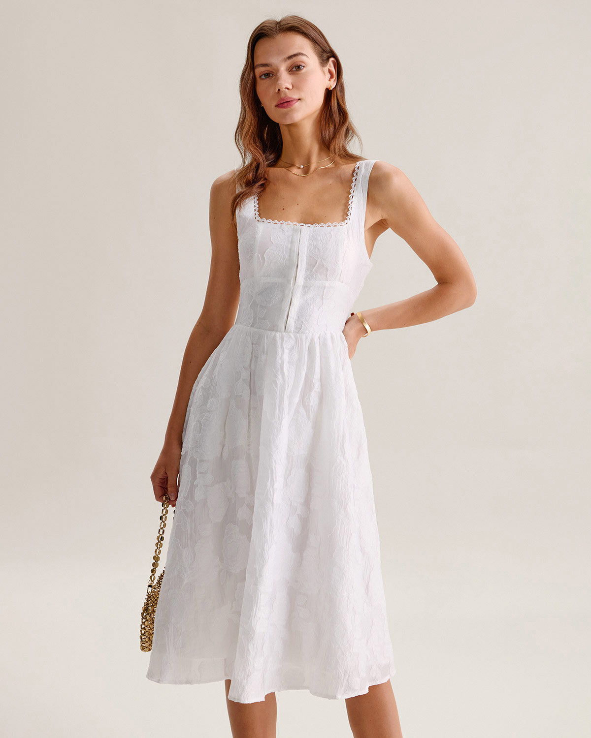 Shewess Beyaz Jakarlı Büzgülü Slip Midi Elbise