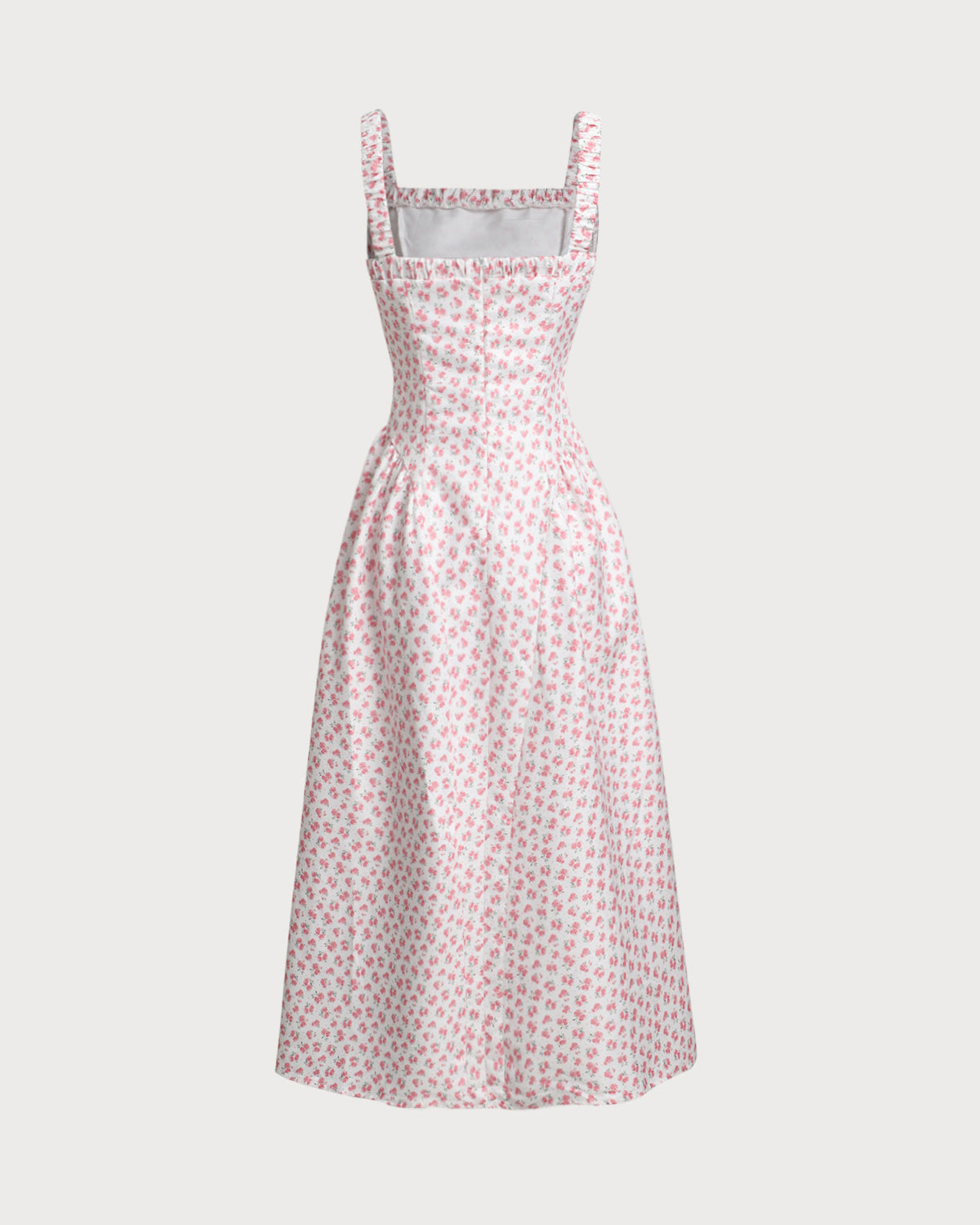 Shewess™ Pembe Çiçekli Kare Yaka Pileli Midi Elbise