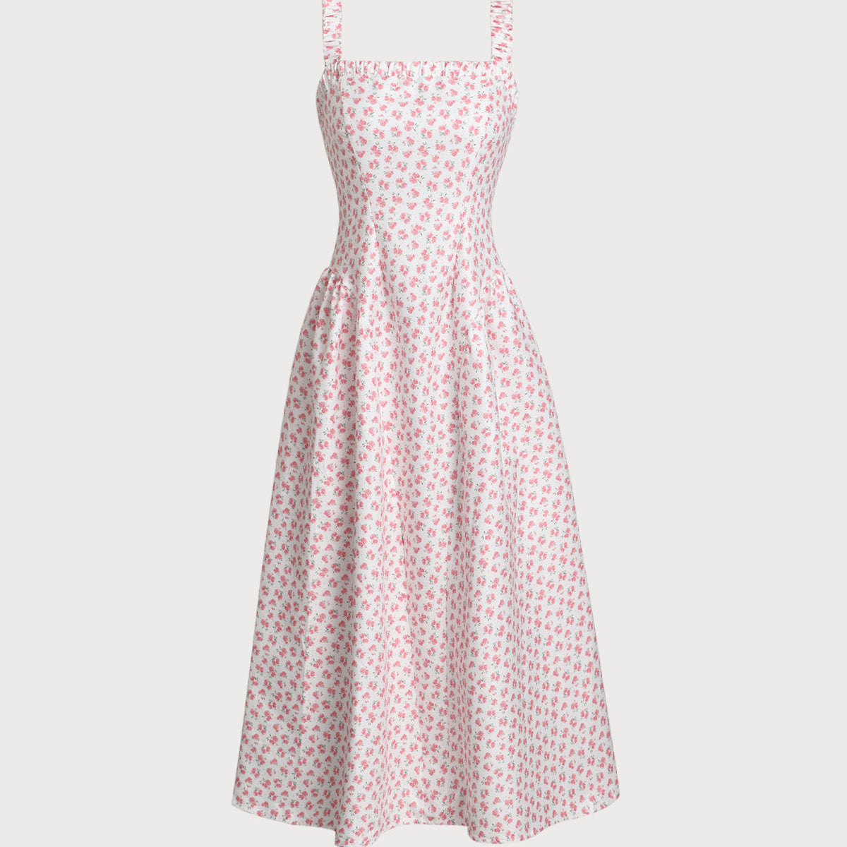 Shewess™ Pembe Çiçekli Kare Yaka Pileli Midi Elbise