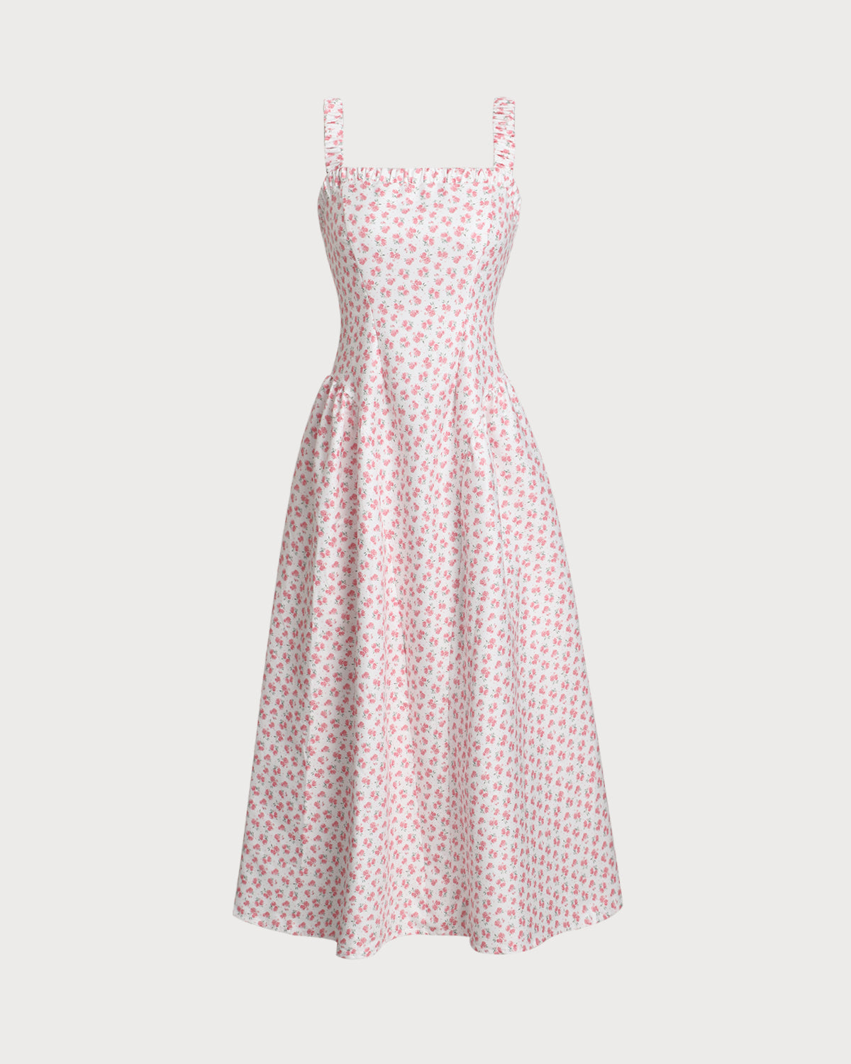 Shewess™ Pembe Çiçekli Kare Yaka Pileli Midi Elbise
