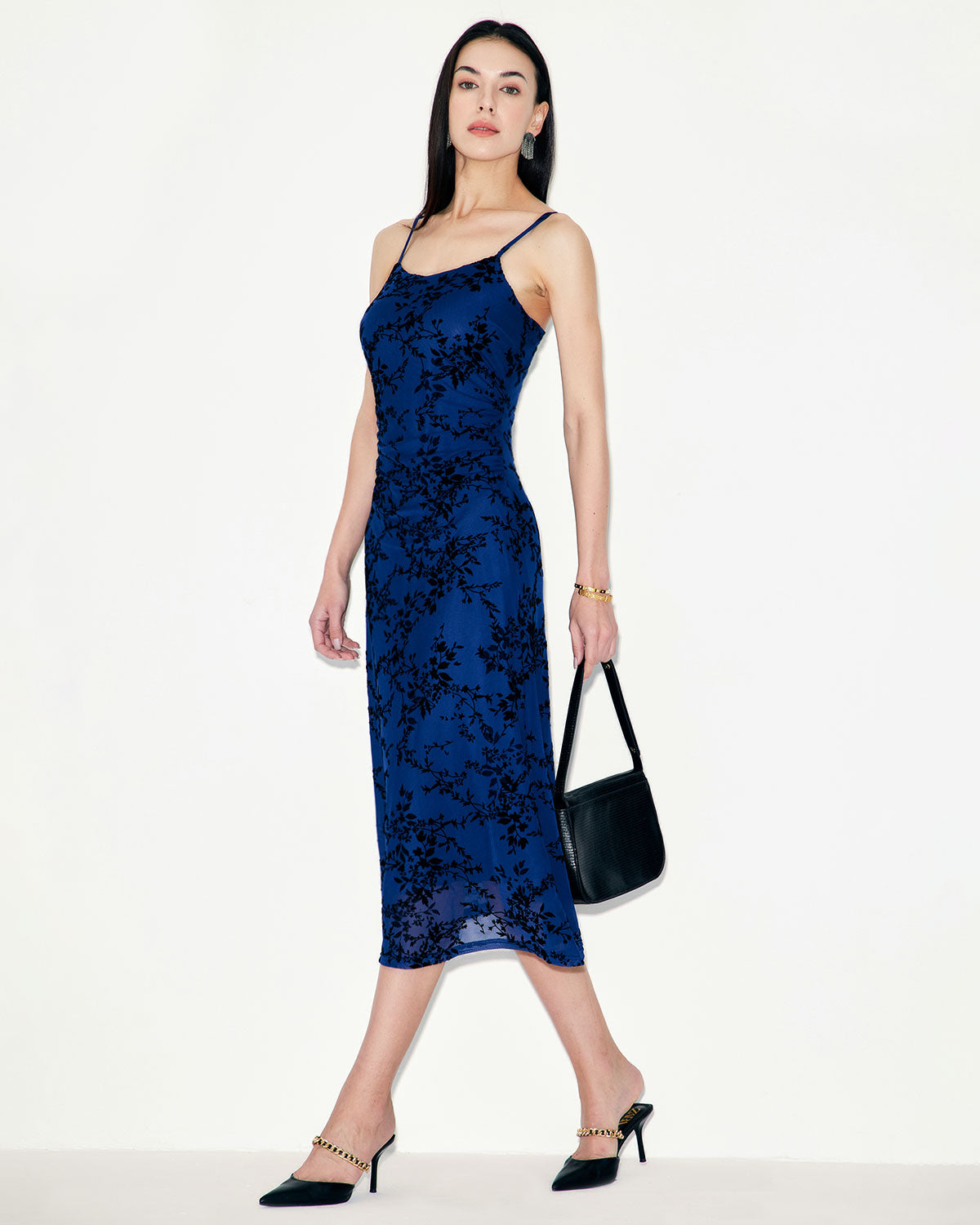 Shewess™ Mavi Çiçekli File Slip Midi Elbise