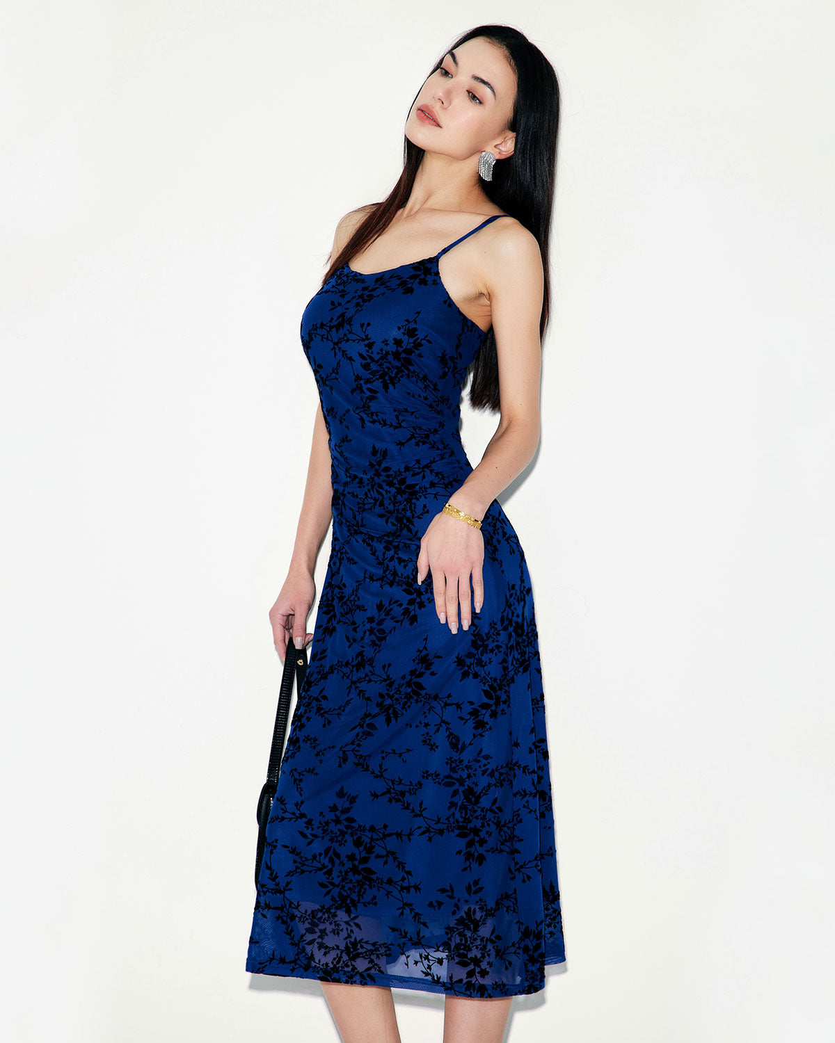 Shewess™ Mavi Çiçekli File Slip Midi Elbise