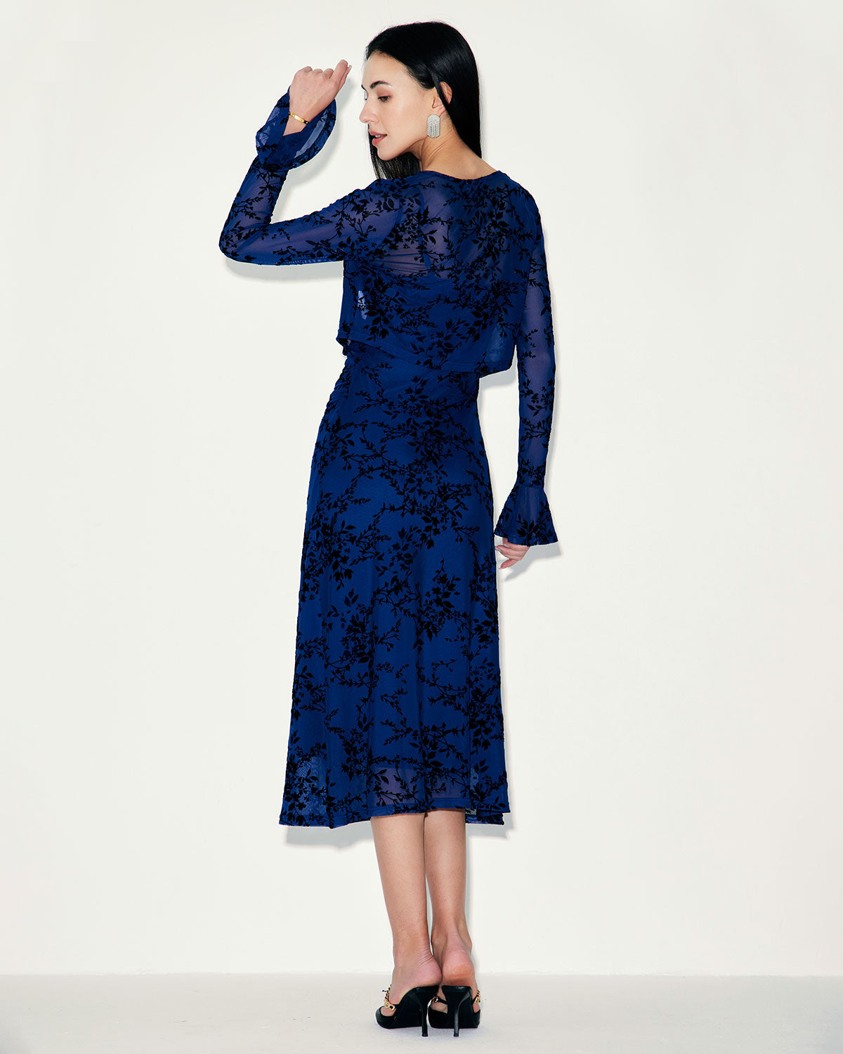 Shewess™ Mavi Çiçekli File Slip Midi Elbise