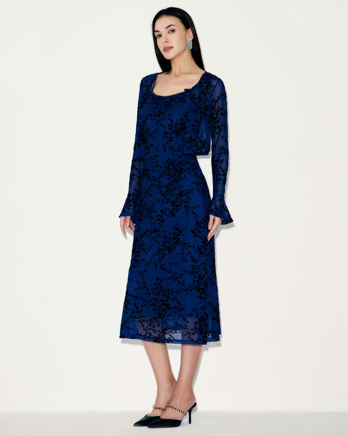 Shewess™ Mavi Çiçekli File Slip Midi Elbise