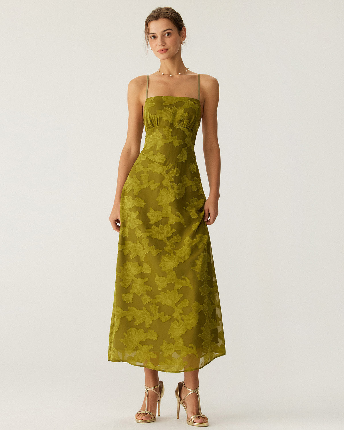 Shewess Yeşil Çiçekli Dantelli Sırtı Açık Slip Maxi Elbise