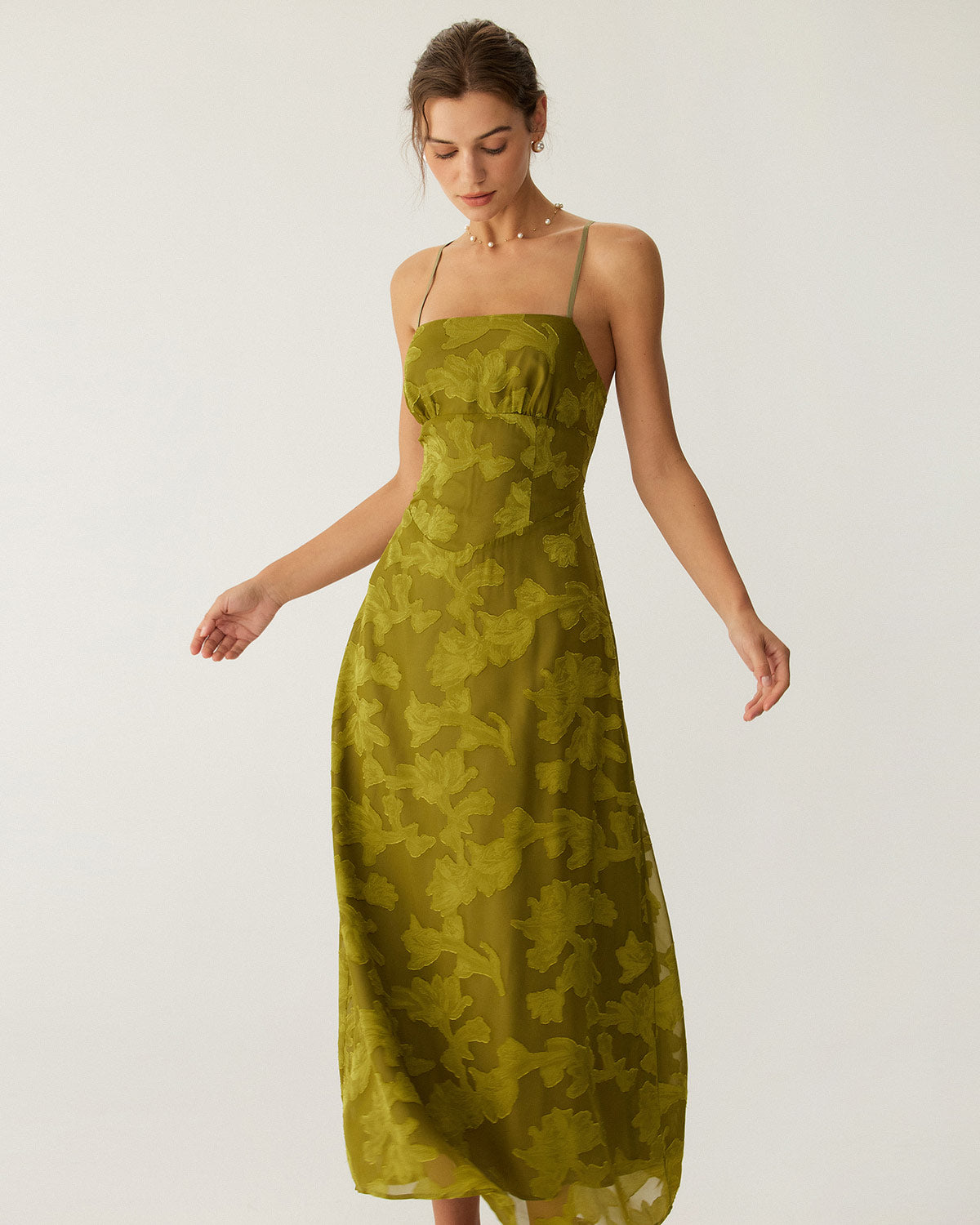 Shewess Yeşil Çiçekli Dantelli Sırtı Açık Slip Maxi Elbise