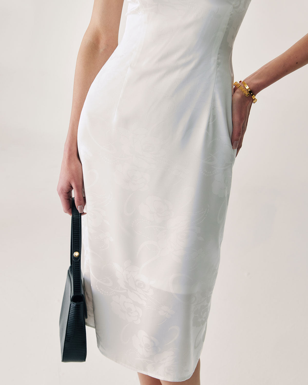 Shewess™ Beyaz Boncuklu Askılı Slip Midi Elbise