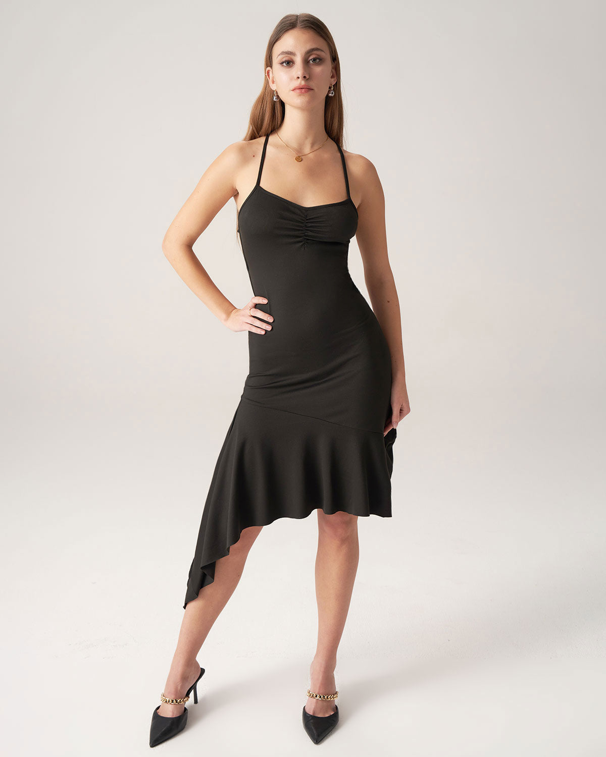 Shewess™ Bettydress-Siyah Fırfırlı Sırtı Açık Midi Elbise