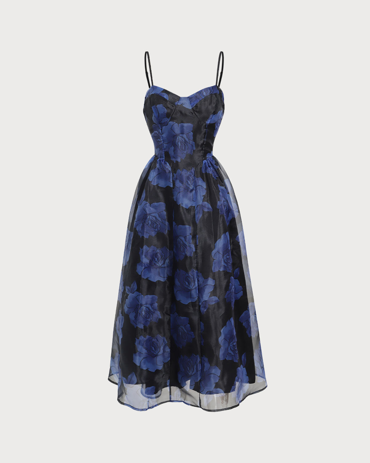 Shewess™ Lacivert Çiçek Kalp Yaka Slip Midi Elbise