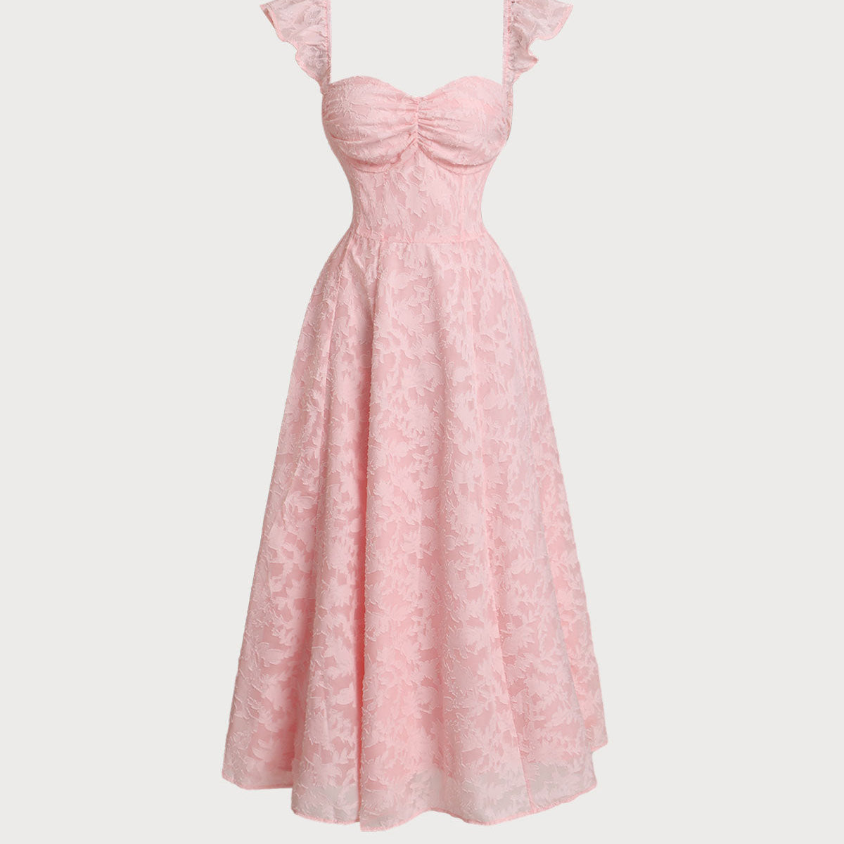 Shewess Pembe Jakarlı Dantelli Kare Yaka Midi Elbise