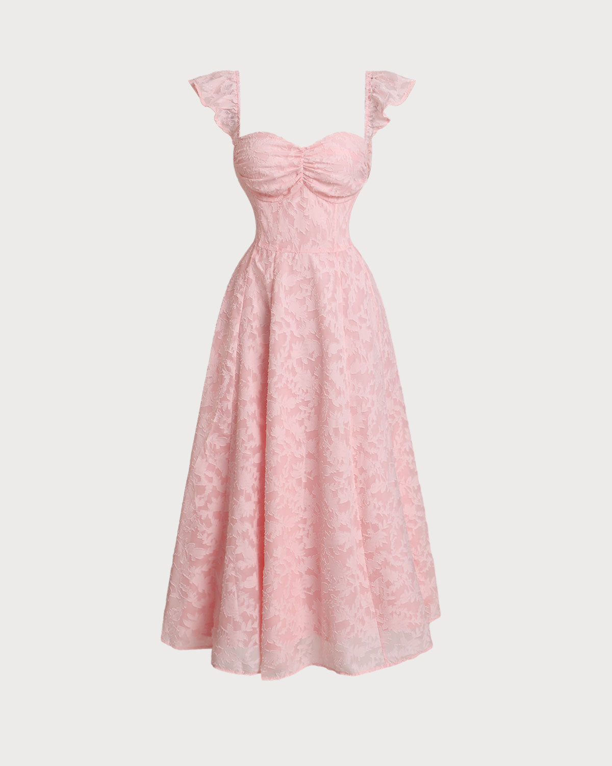 Shewess Pembe Jakarlı Dantelli Kare Yaka Midi Elbise