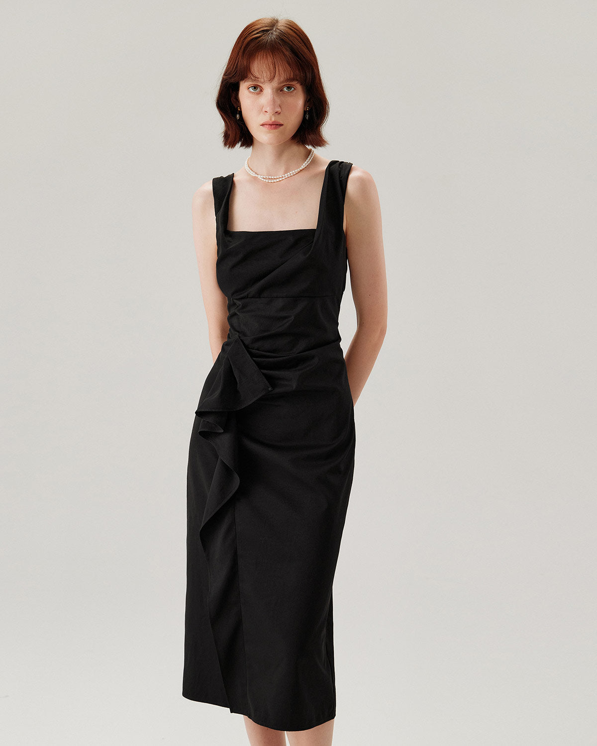 Shewess™ Siyah Fırfırlı Dantelli Slip Midi Elbise