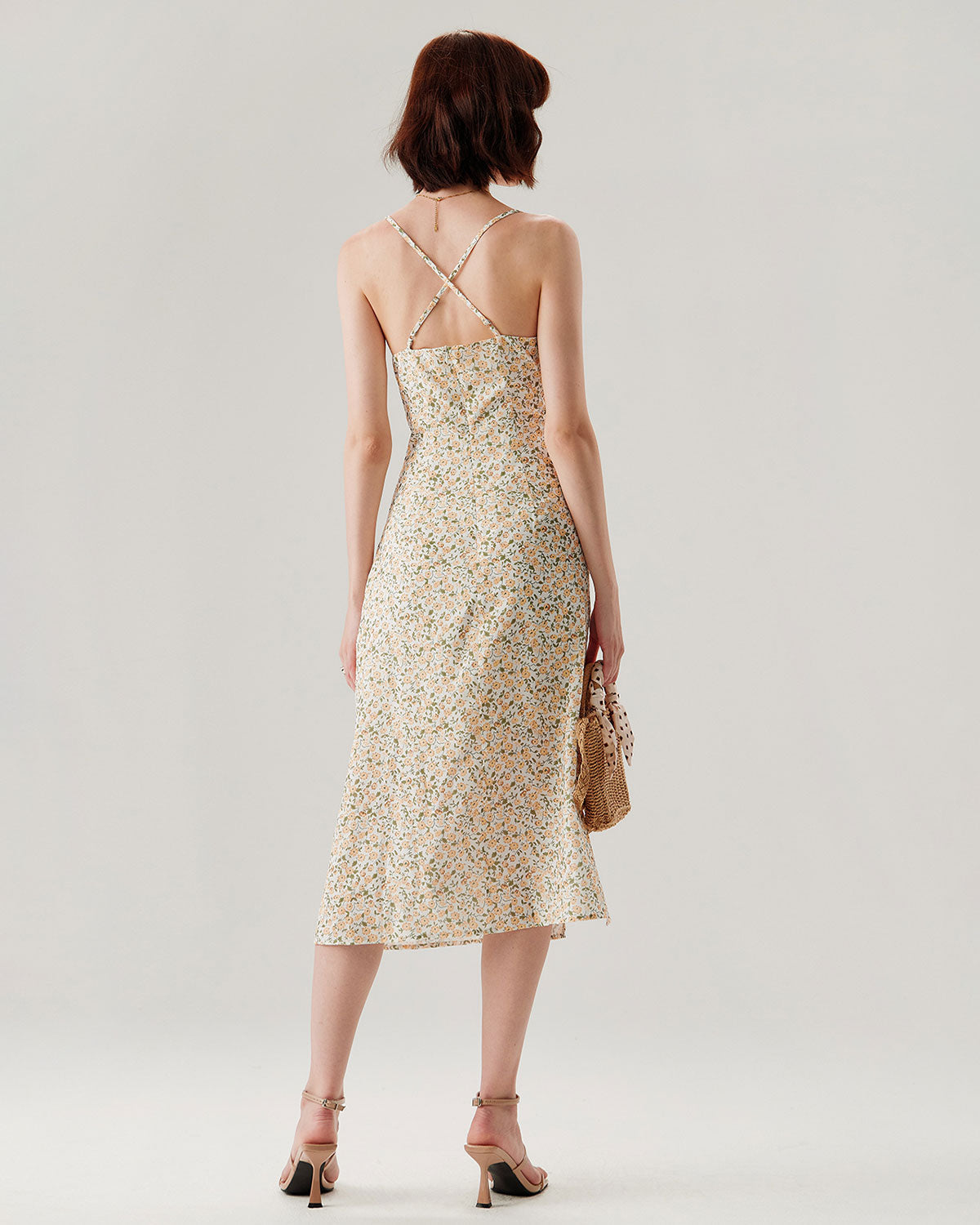 Shewess™ Sarı Çiçekli Dantelli Slip Midi Elbise