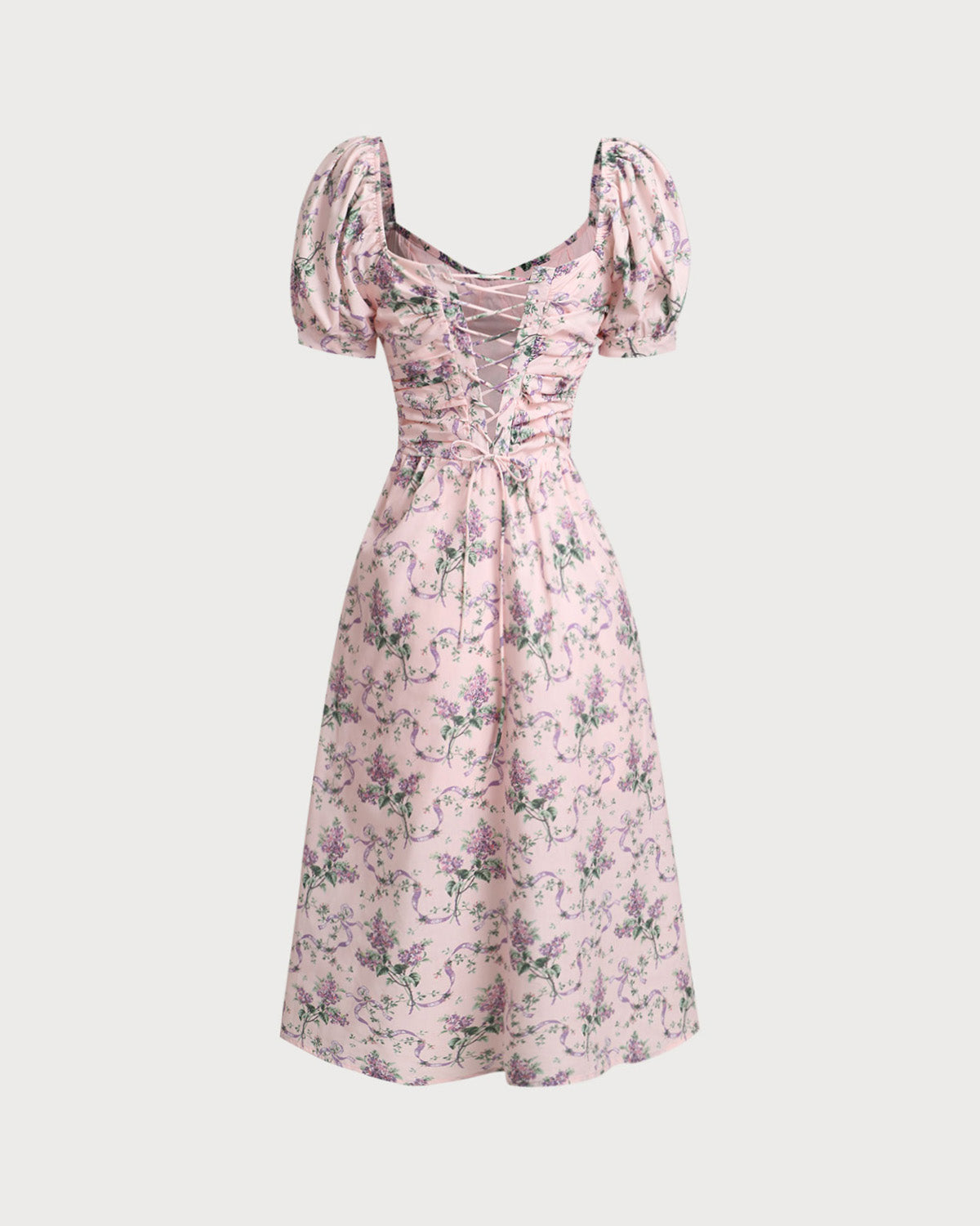 Shewess Pembe Çiçekli Kalp Yaka Midi Elbise