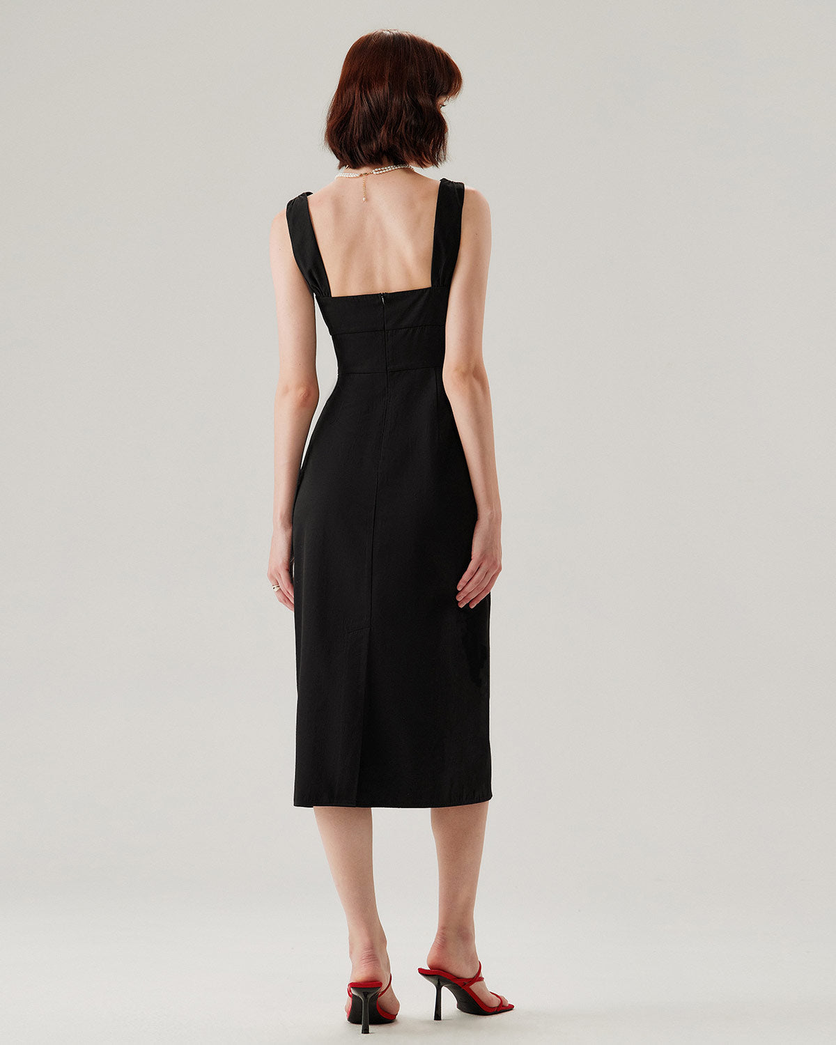 Shewess™ Siyah Fırfırlı Dantelli Slip Midi Elbise