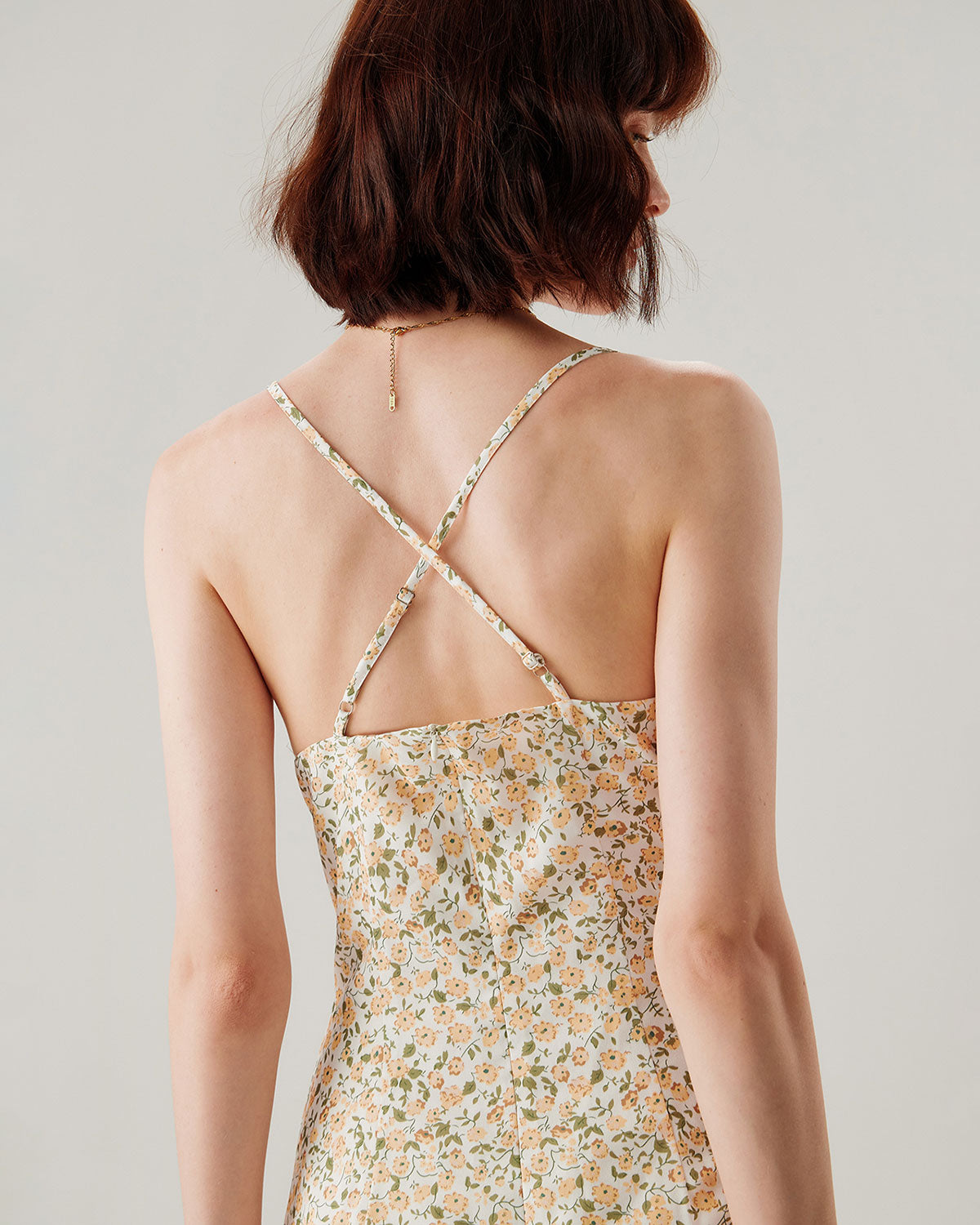 Shewess™ Sarı Çiçekli Dantelli Slip Midi Elbise