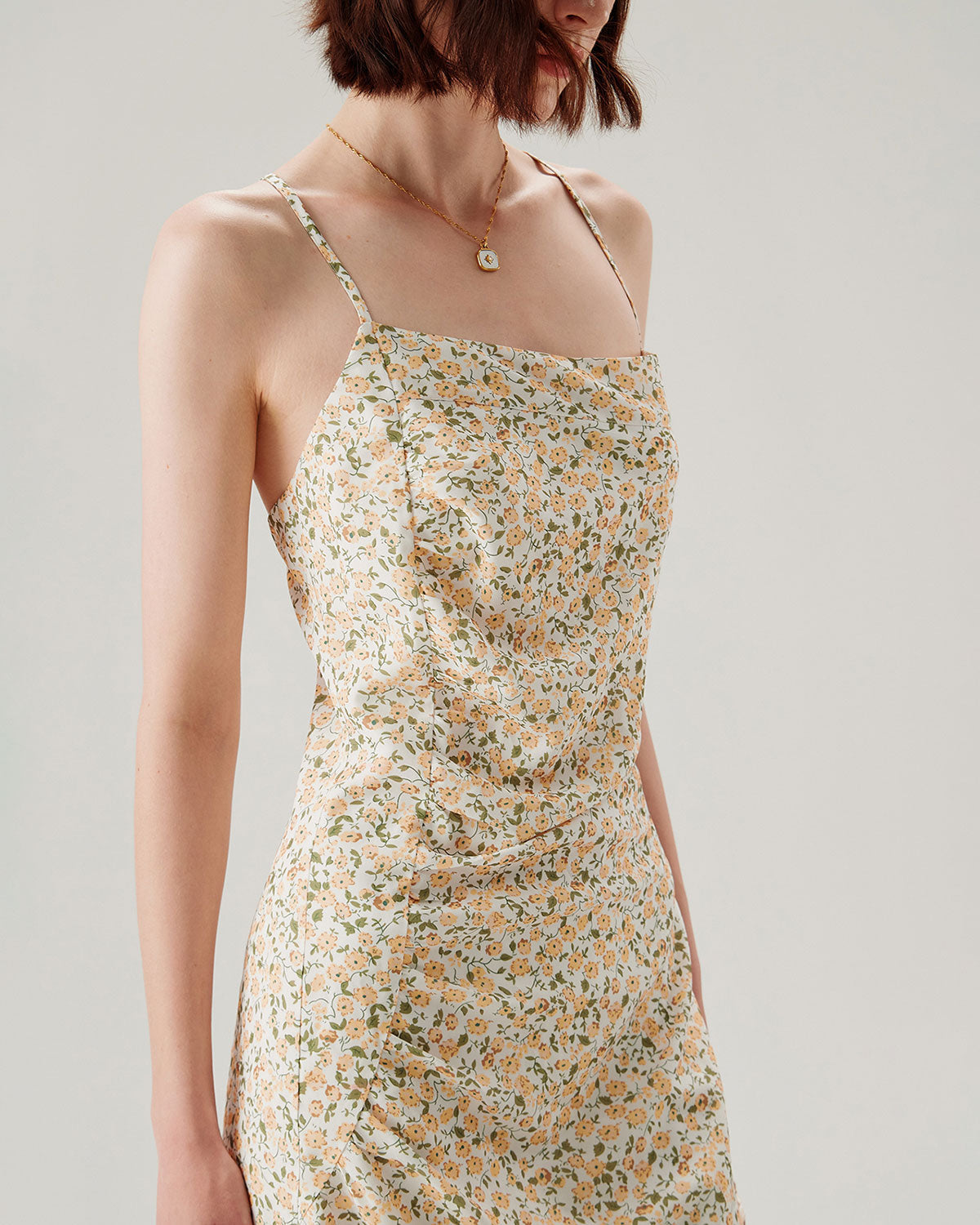 Shewess™ Sarı Çiçekli Dantelli Slip Midi Elbise