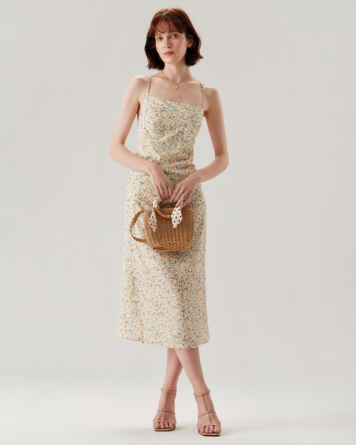 Shewess™ Sarı Çiçekli Dantelli Slip Midi Elbise