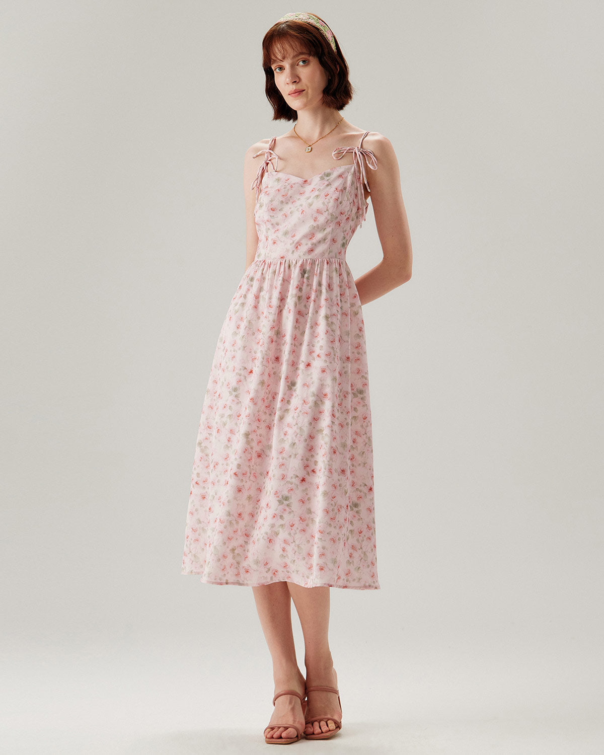 Shewess™ Pembe Çiçekli Büzgülü Slip Midi Elbise