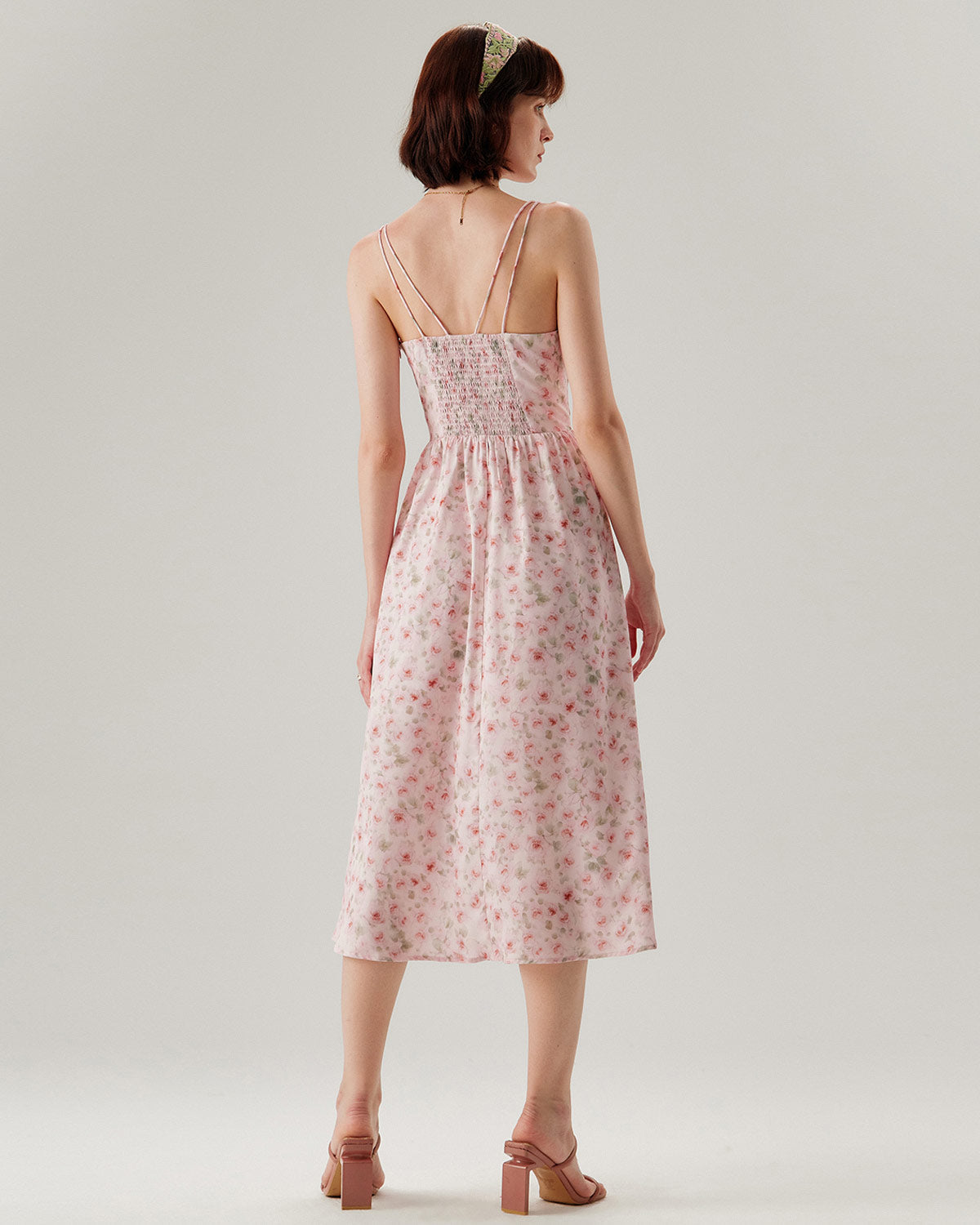 Shewess™ Pembe Çiçekli Büzgülü Slip Midi Elbise