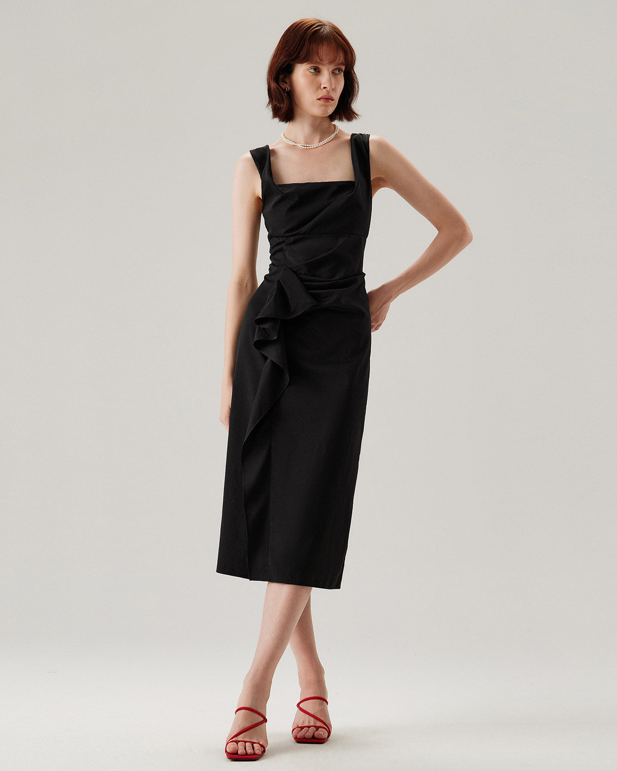Shewess™ Siyah Fırfırlı Dantelli Slip Midi Elbise
