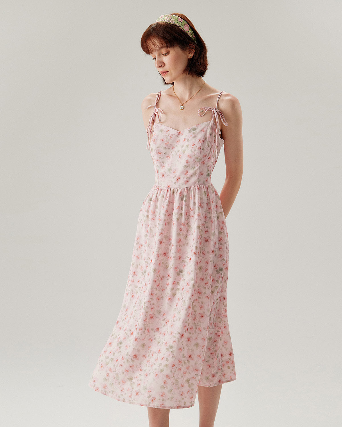 Shewess™ Pembe Çiçekli Büzgülü Slip Midi Elbise