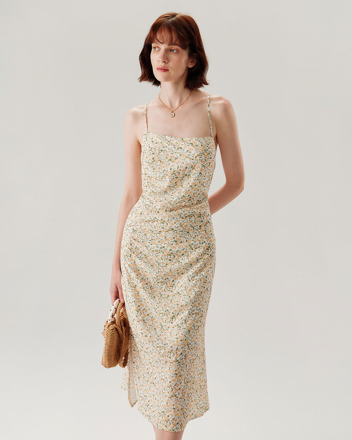 Shewess™ Sarı Çiçekli Dantelli Slip Midi Elbise