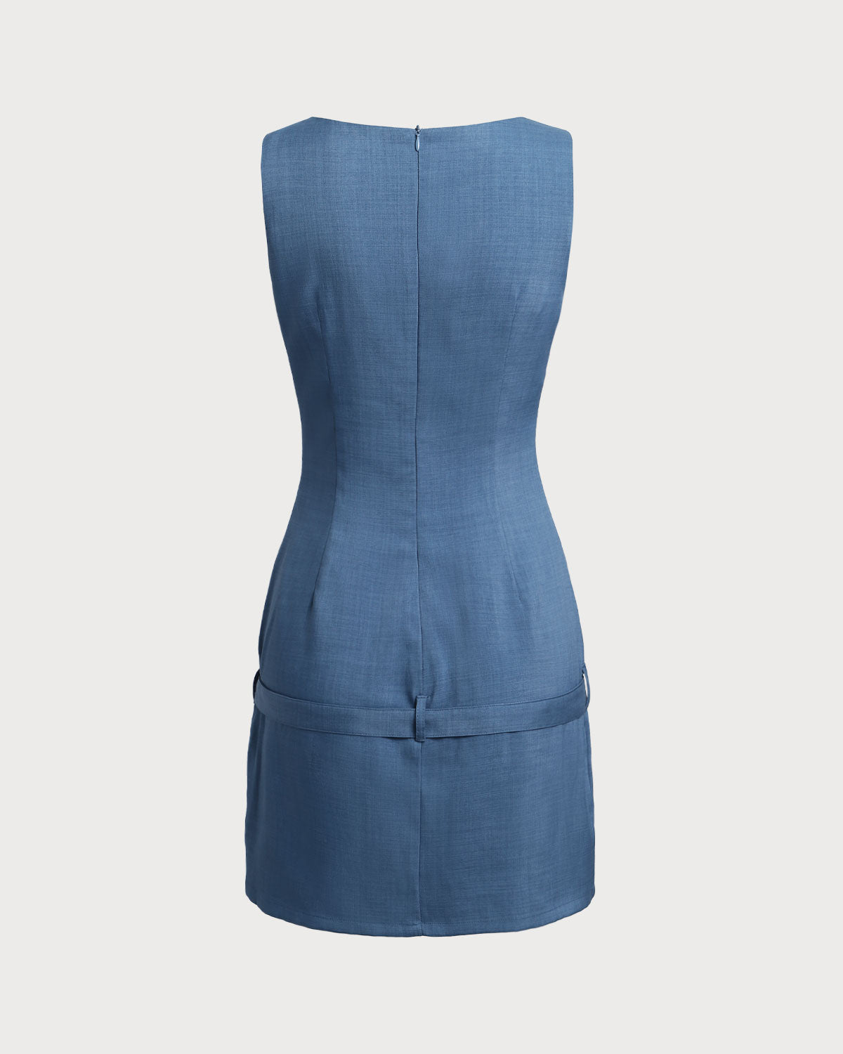 Shewess™ Mavi Kayık Yaka Kemerli Mini Elbise