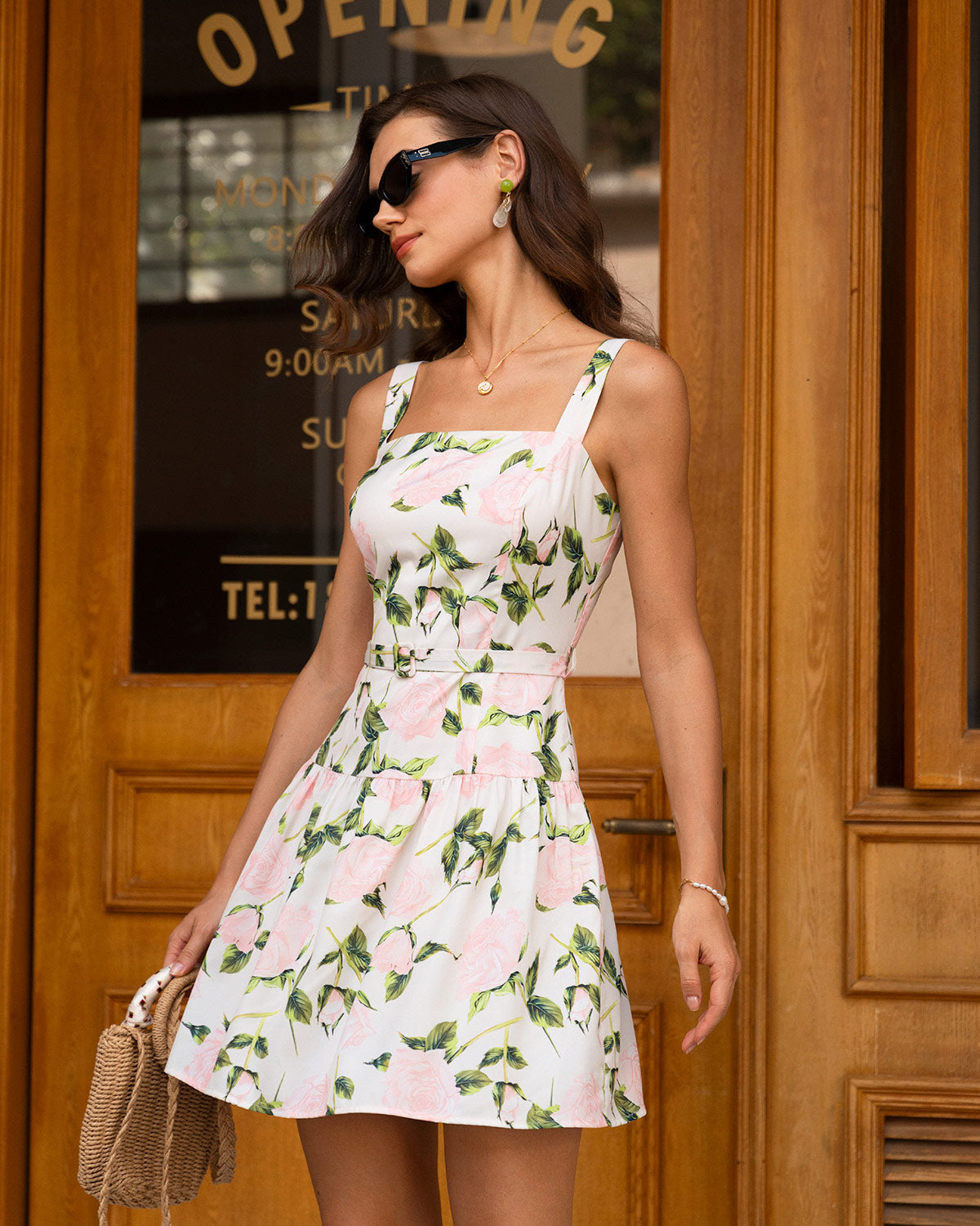 Shewess Pembe Çiçekli Dantelli Kuşaklı Slip Mini Elbise