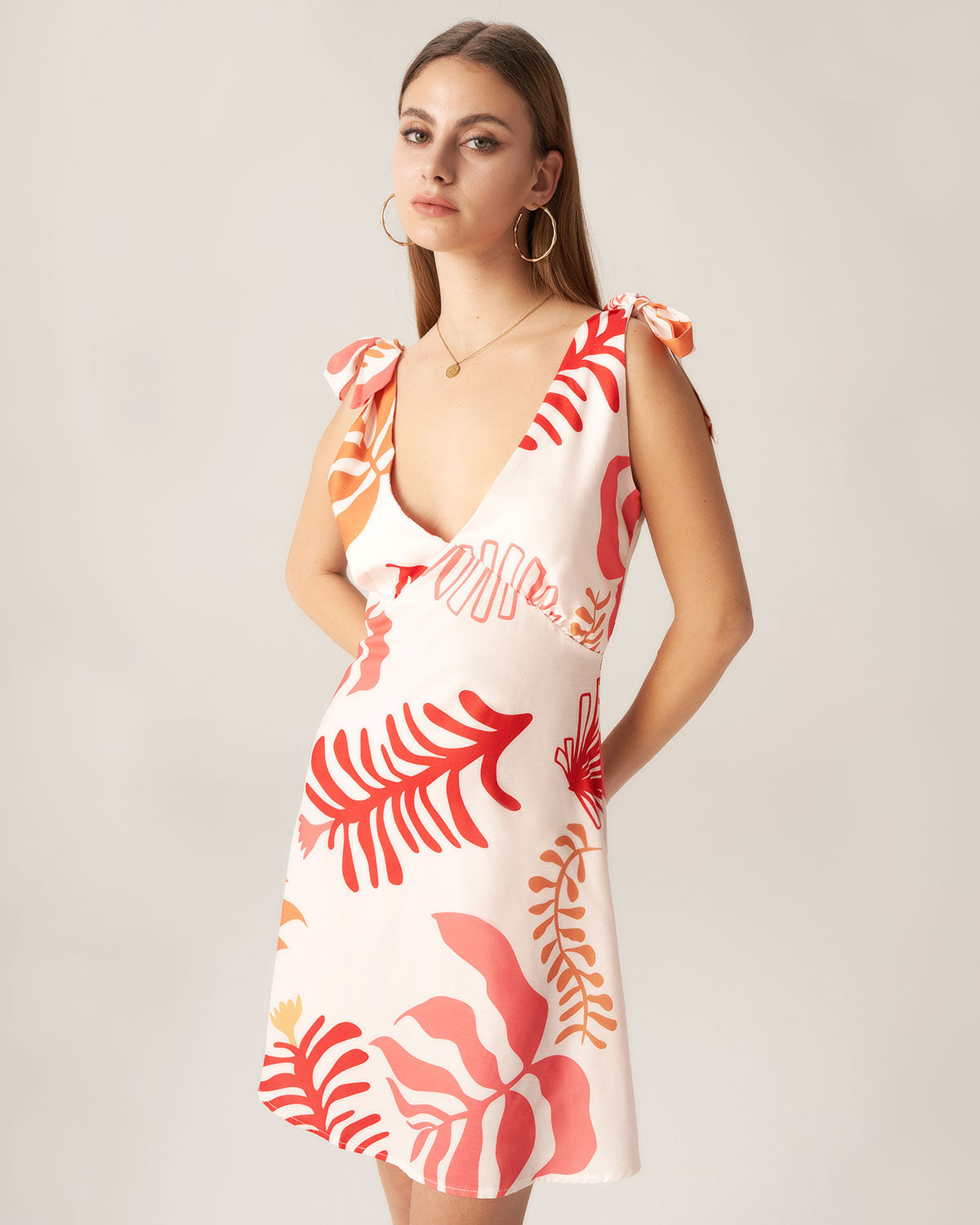 Shewess™ Bettydress-Kırmızı Çiçekli Kravat Askılı Mini Elbise